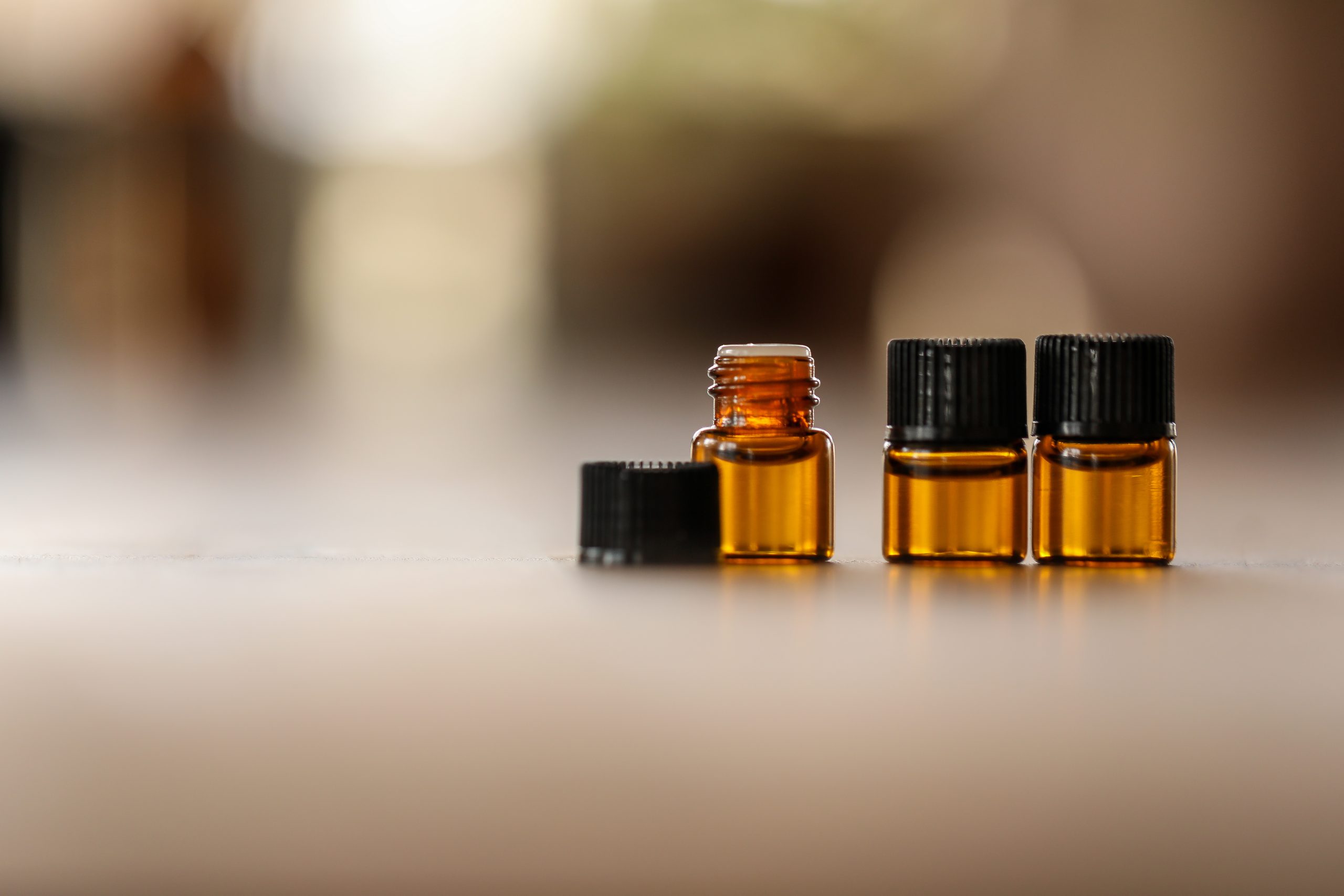 A closeup shot of essential oil vials